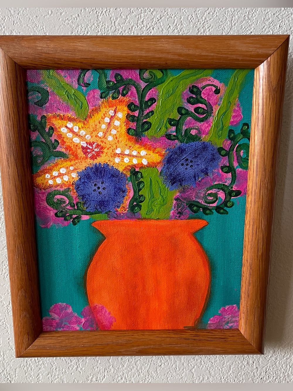 Original Colorful Abstract Floral Painting in Vintage Wood Frame 8”x10”